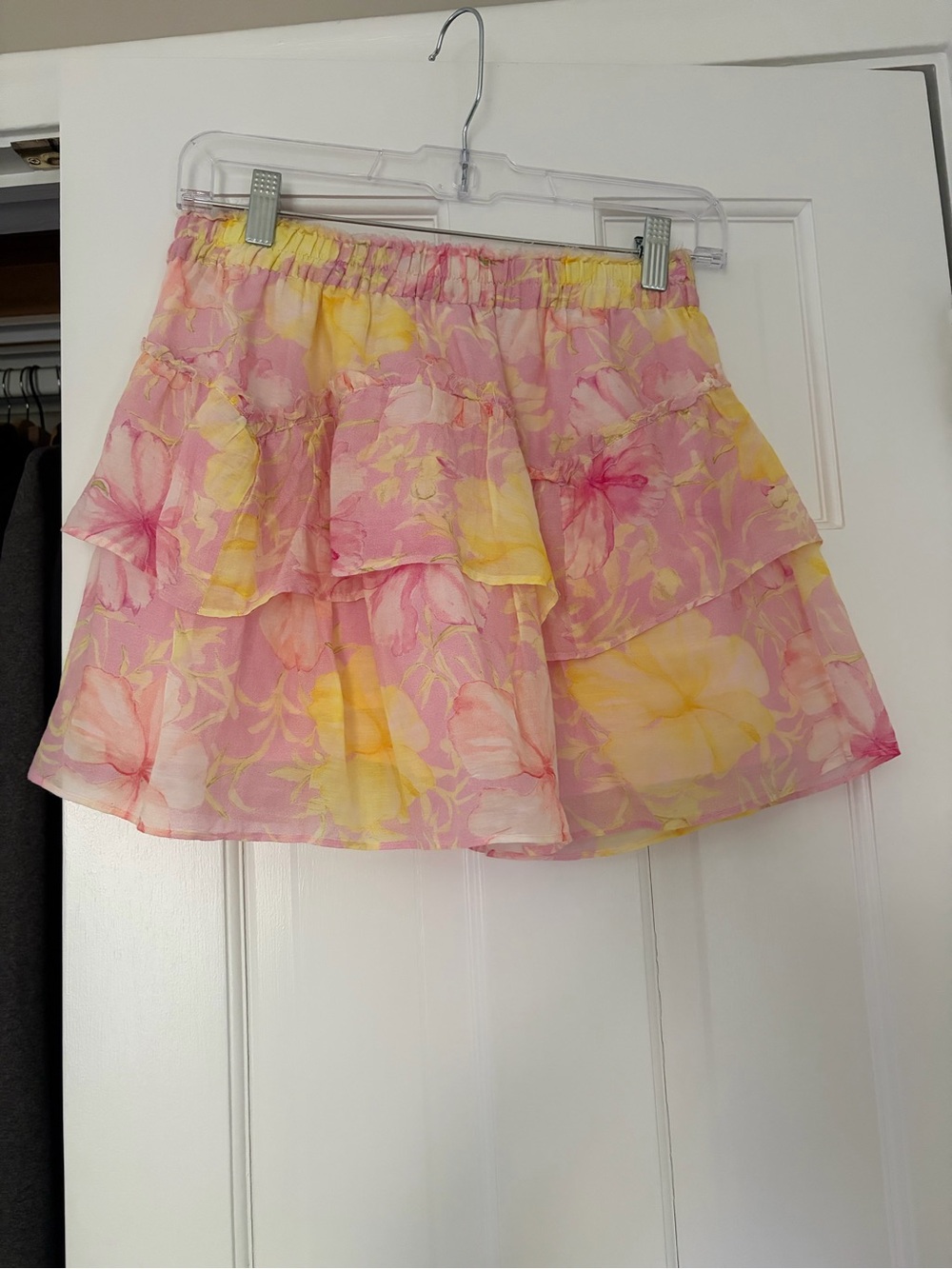 LoveShackFancy Pink Yellow Floral Ruffle Mini Skirt
